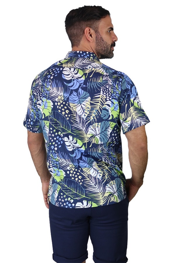 Camisa Manga Corta Azul Marino Con Hojas Verdes Slim Fit Para Hombre